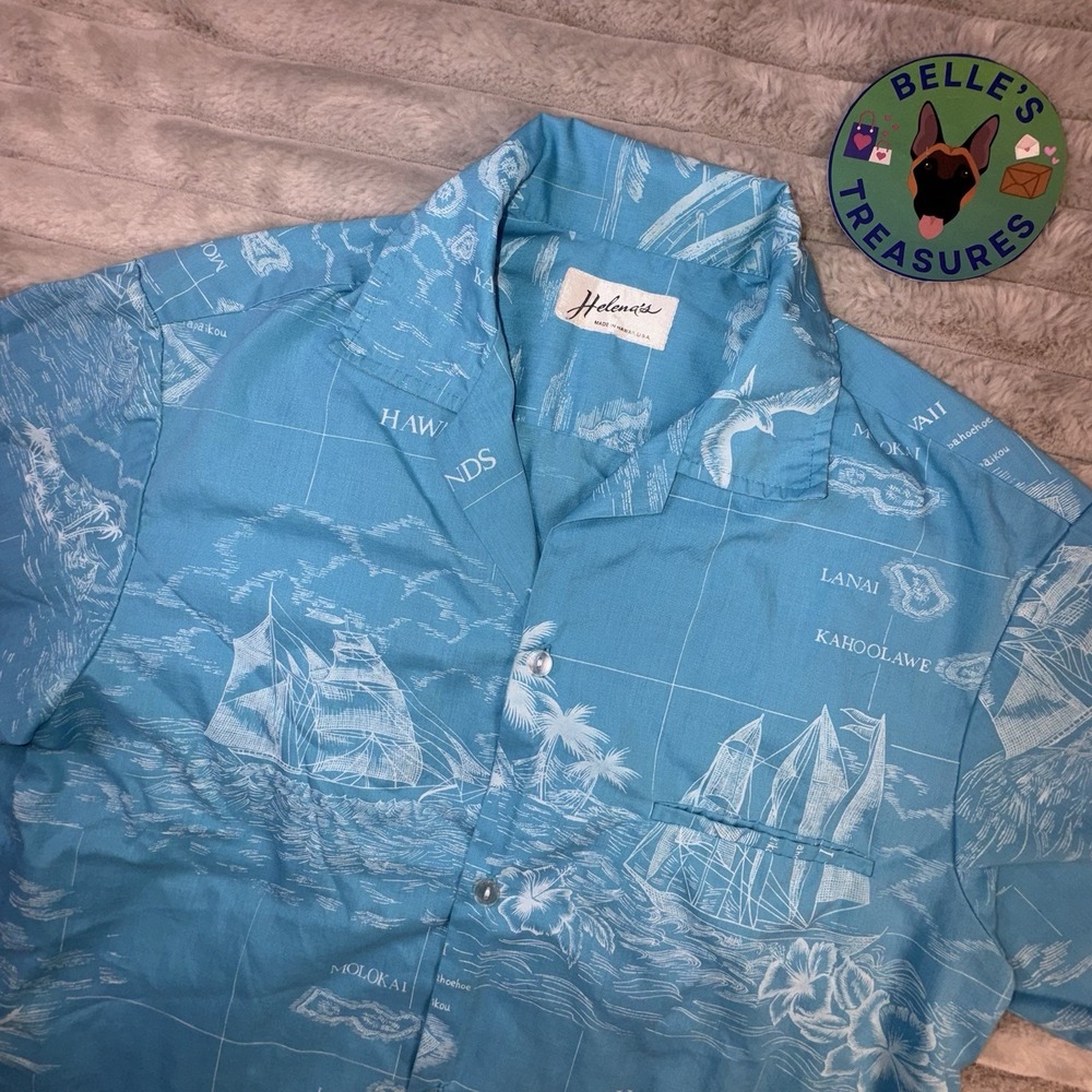 Helena's Hawaiian Islands Map Camp Shirt Men's Large‎ Made in Hawaii Button Down